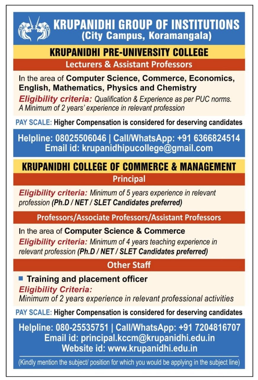 School Jobs at  Krupanidhi Group of Institutions ,  Bengaluru (Bangalore) Urban